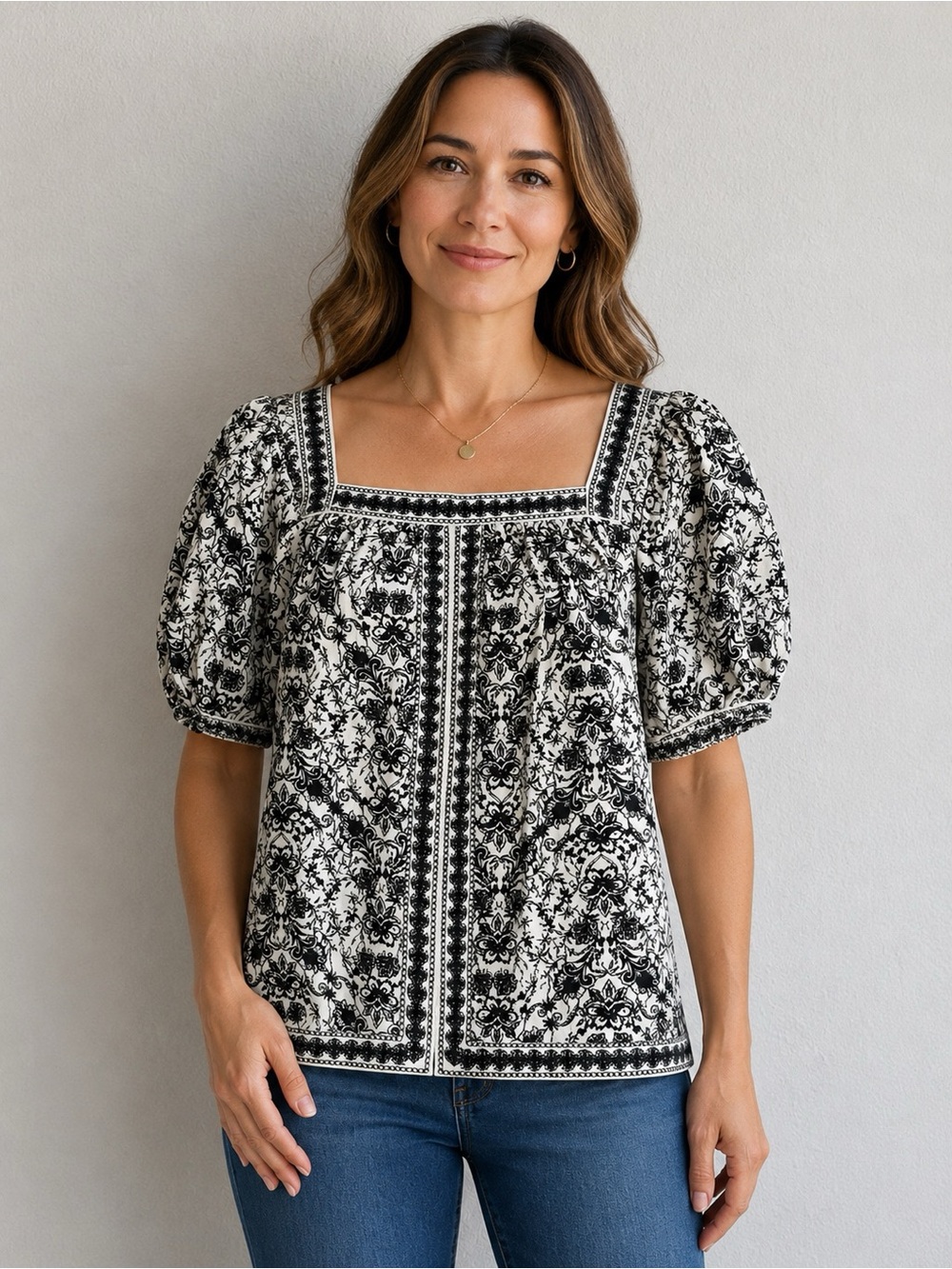 NWT Max Studio London Black & White Paisley Square Neck Blouse Size S